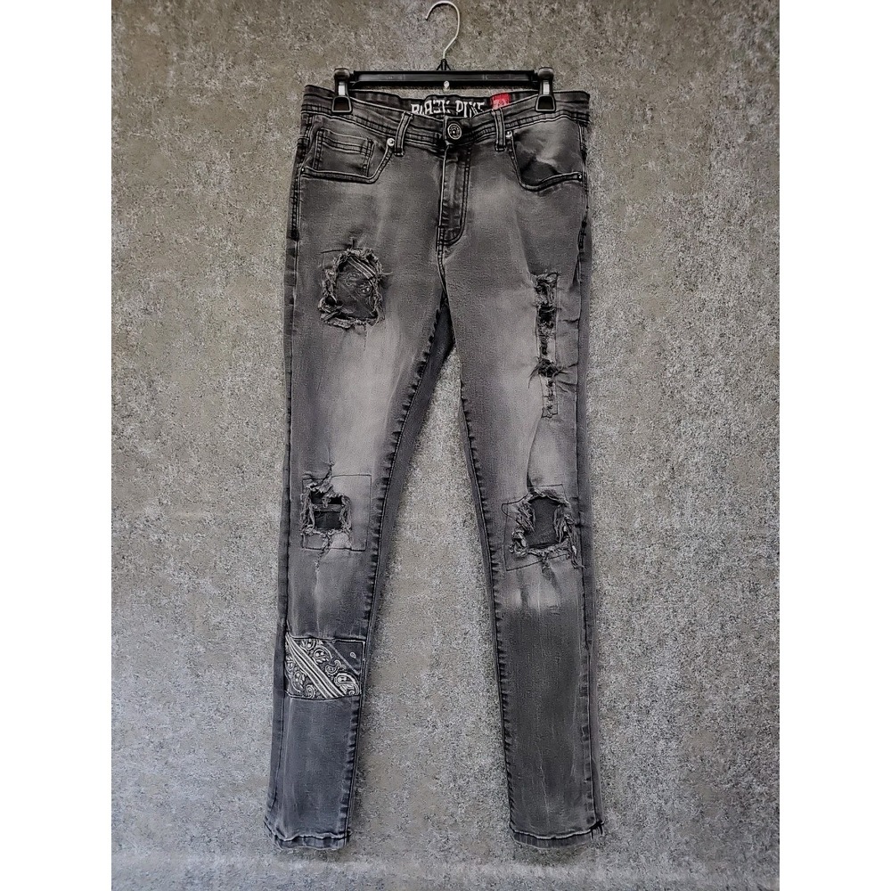 Black Pike Distressed Mens Skinny Jeans, Washed Black, Size 32